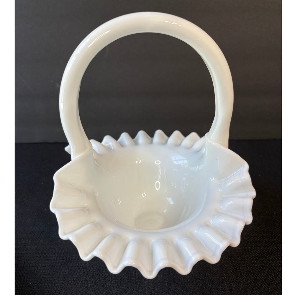 Vintage Fenton Milk Glass Basket Ruffled Edge Wedding Basket - Picture 2 of 6